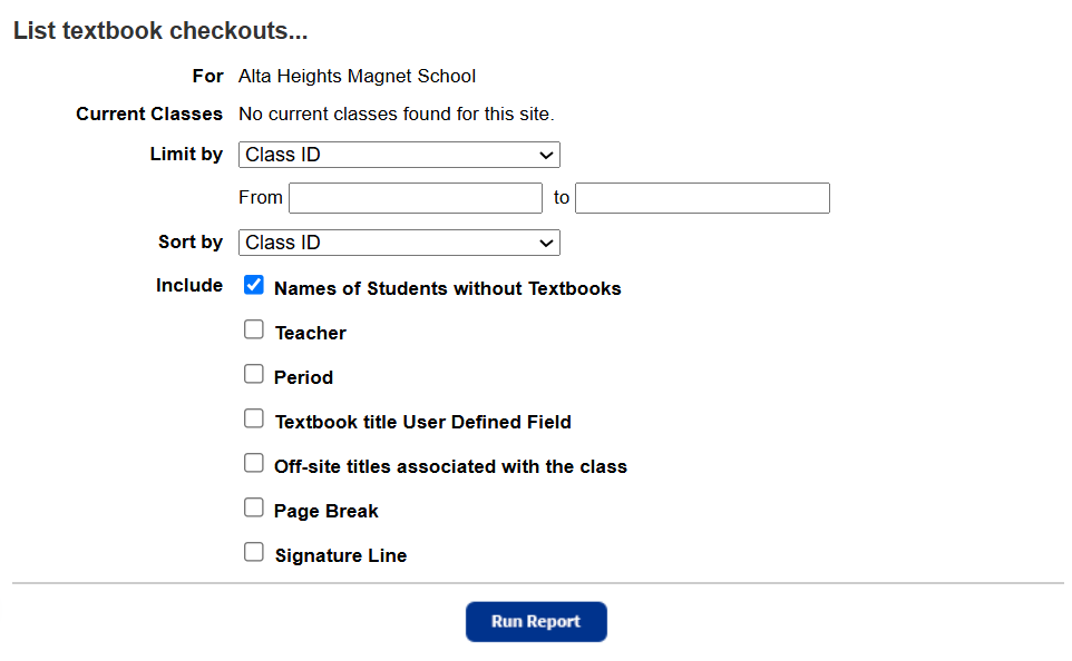 Textbook checkout report setup page.